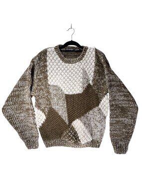 Vtg Index 3D Knit Sweater Textured Patchwork Wool Blend Green Tan Chunky Nobby
